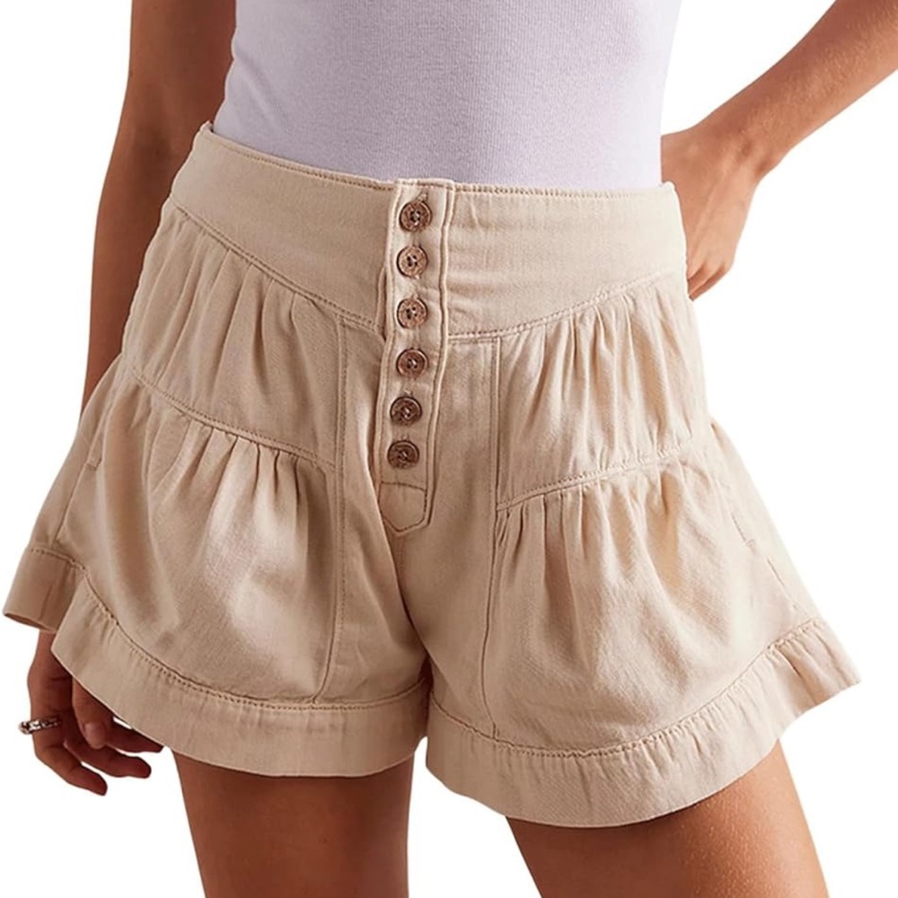 Free people we the free fleur high rise flouncy cotton denim shorts cream NWT - Picture 2 of 8